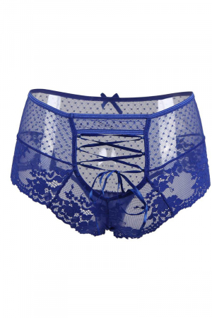 Tanga lacée dentelle taille haute Bleu - Lingerie Parisienne